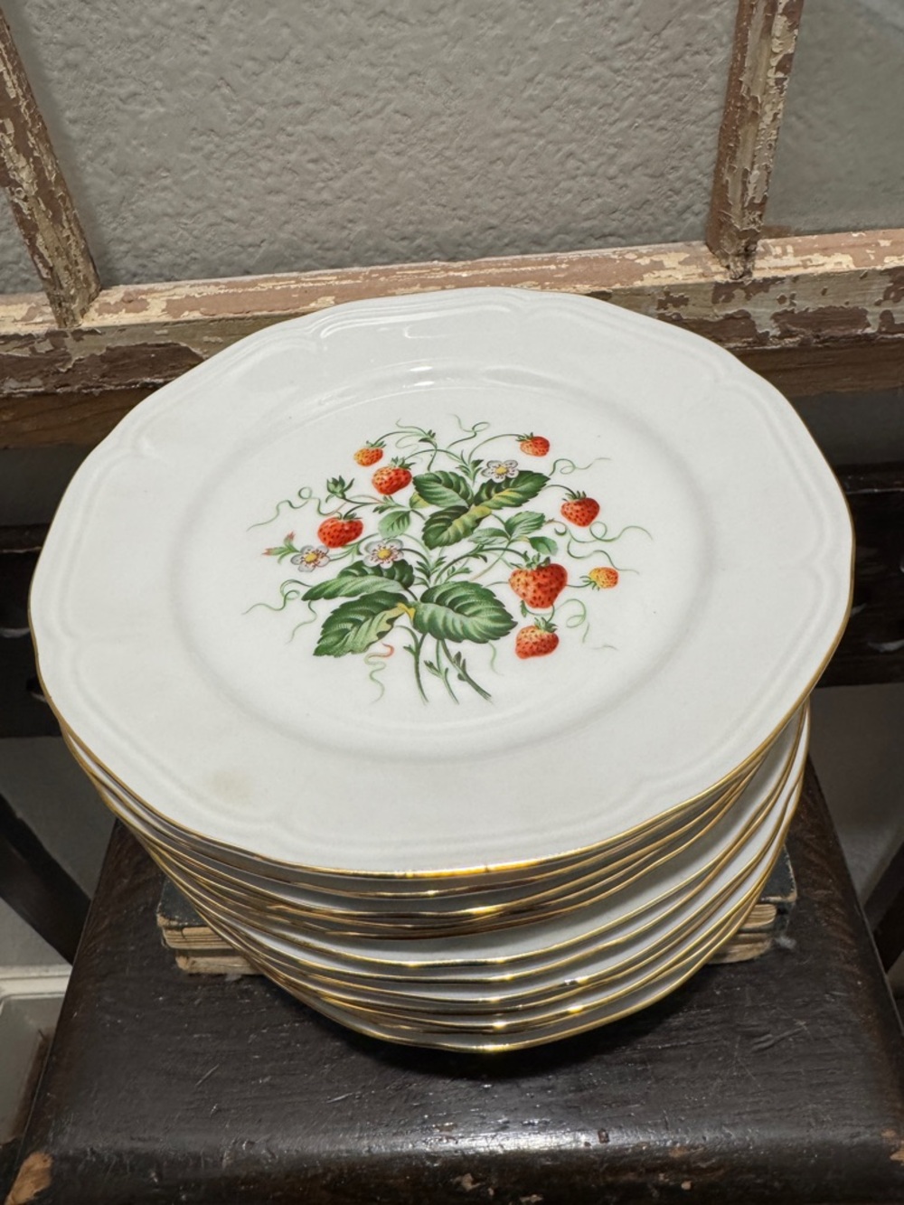 Vintage French White Strawberry Pattern Porcelain Dessert Plate with Gold Trim